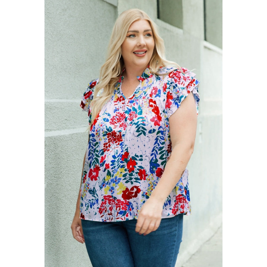 Plus Size Floral Smocked Flutter Sleeve Blouse