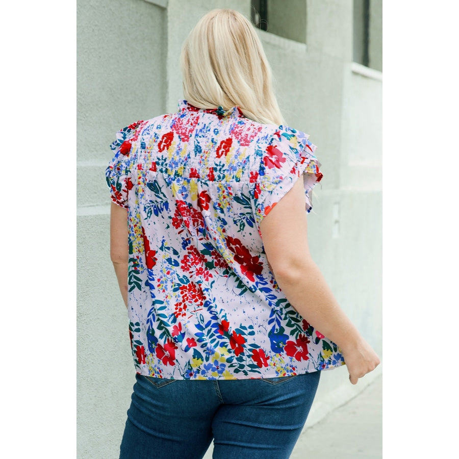 Plus Size Floral Smocked Flutter Sleeve Blouse Multicolor / 1X