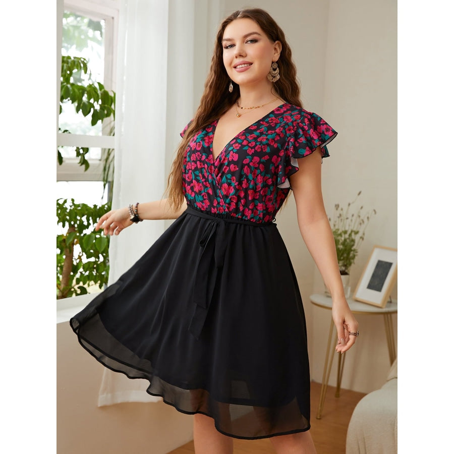 Plus Size Floral Surplice Neck Flutter Sleeve Dress