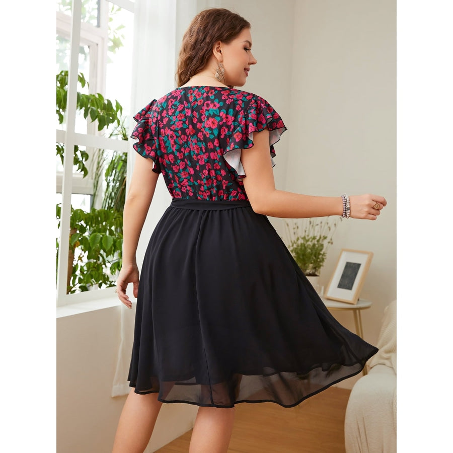 Plus Size Floral Surplice Neck Flutter Sleeve Dress