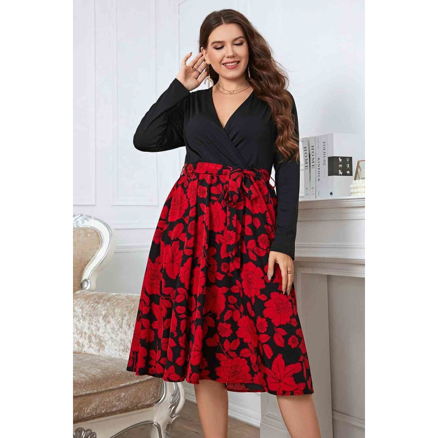 Plus Size Floral Surplice Neck Long Sleeve Dress