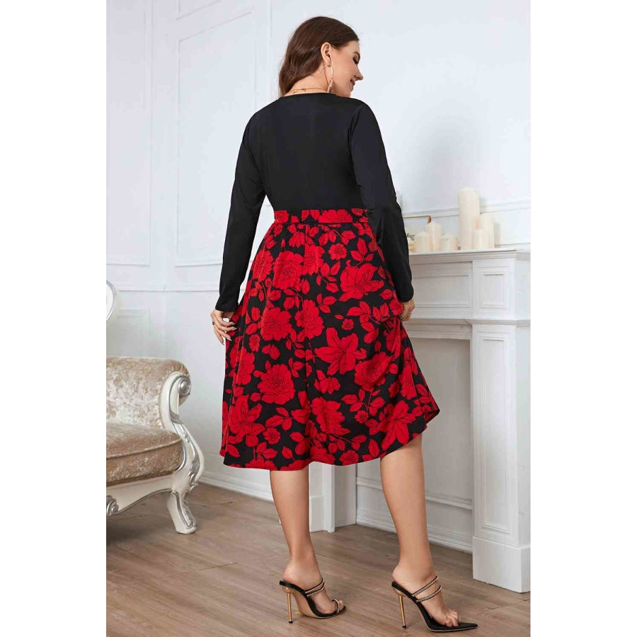 Plus Size Floral Surplice Neck Long Sleeve Dress