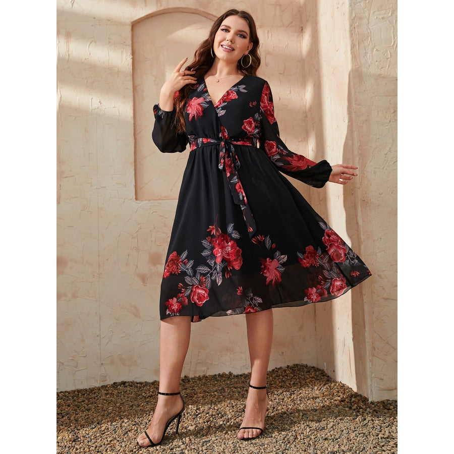 Plus Size Floral Surplice Neck Tie Waist Dress Black / 1XL