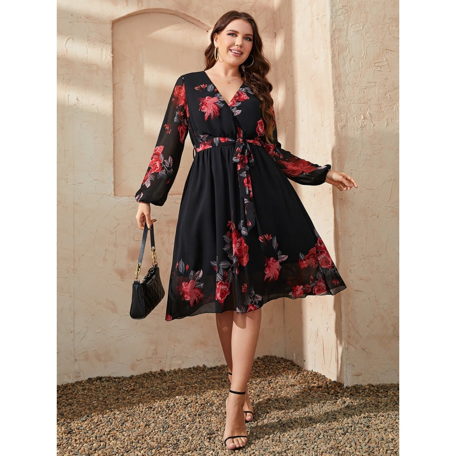 Plus Size Floral Surplice Neck Tie Waist Dress