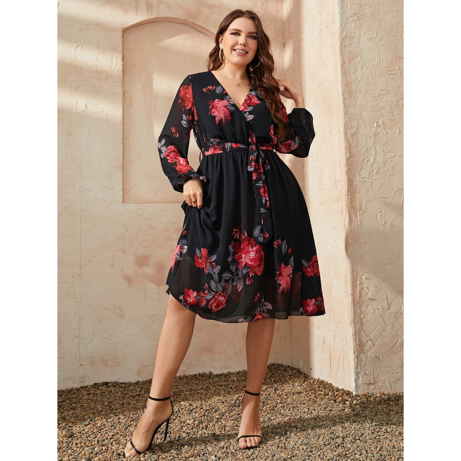 Plus Size Floral Surplice Neck Tie Waist Dress