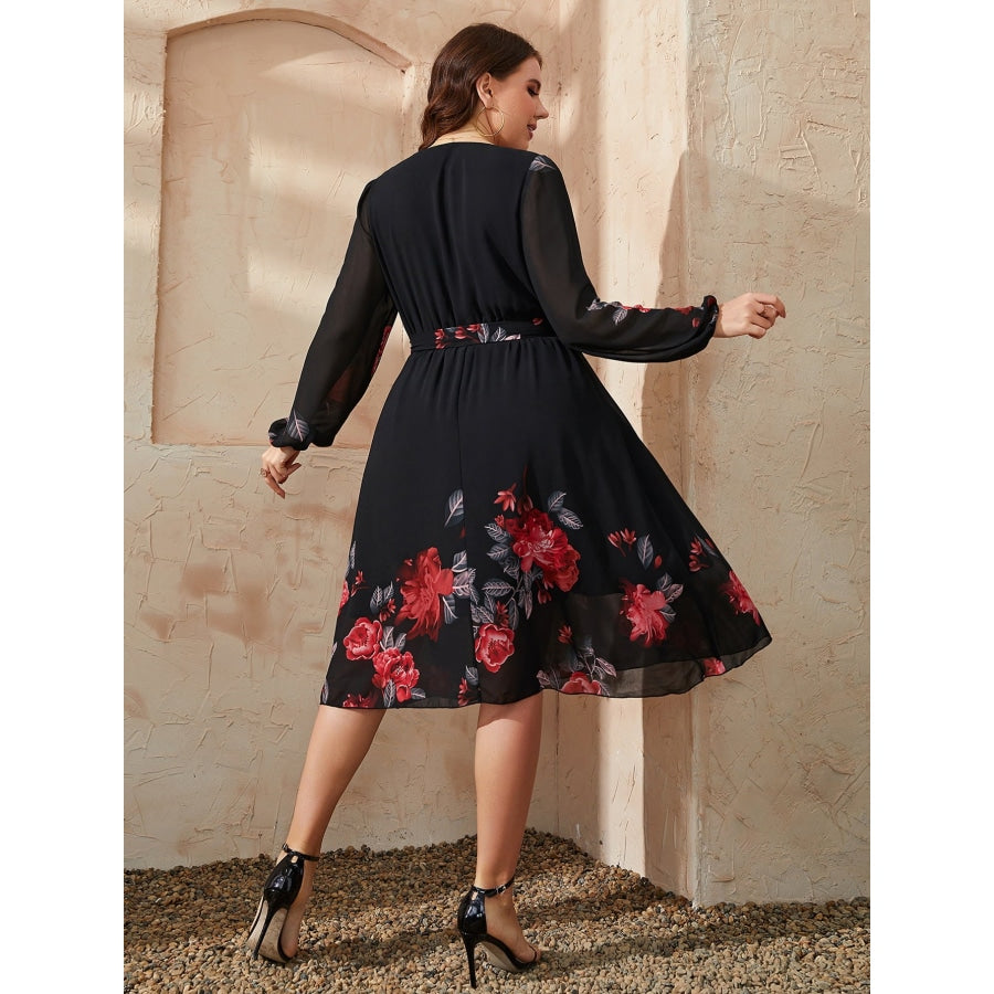 Plus Size Floral Surplice Neck Tie Waist Dress