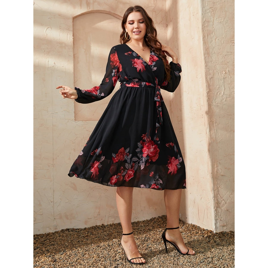 Plus Size Floral Surplice Neck Tie Waist Dress