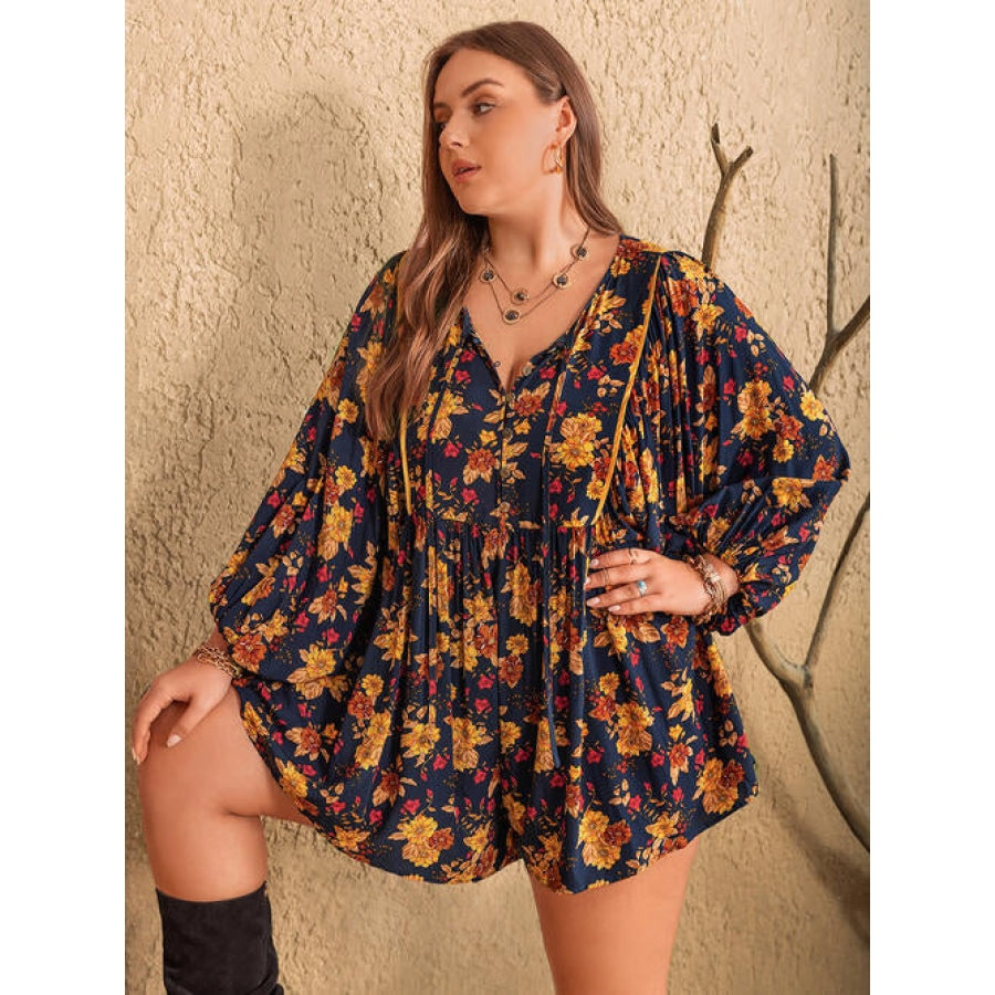 Plus Size Floral Tie Neck Balloon Sleeve Romper Dark Navy / 0XL