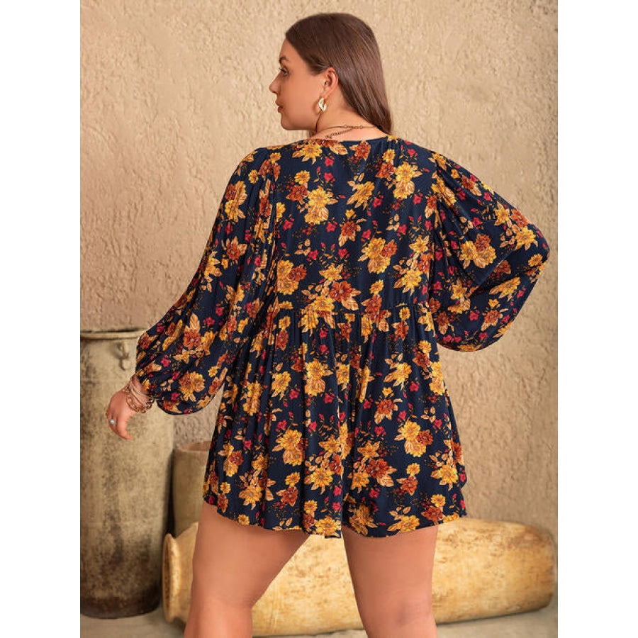 Plus Size Floral Tie Neck Balloon Sleeve Romper