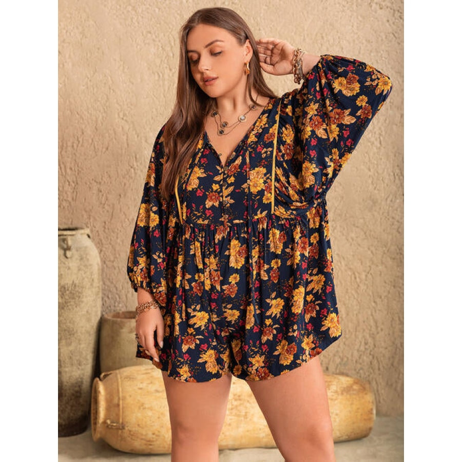 Plus Size Floral Tie Neck Balloon Sleeve Romper