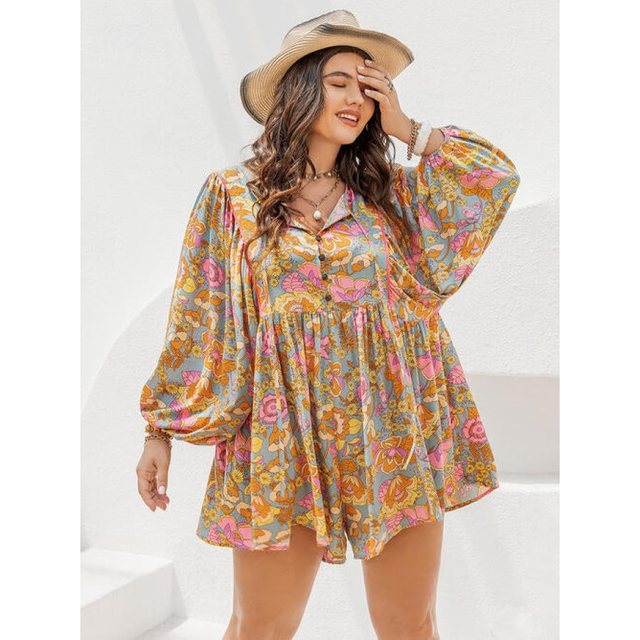 Plus Size Floral Tie Neck Balloon Sleeve Romper