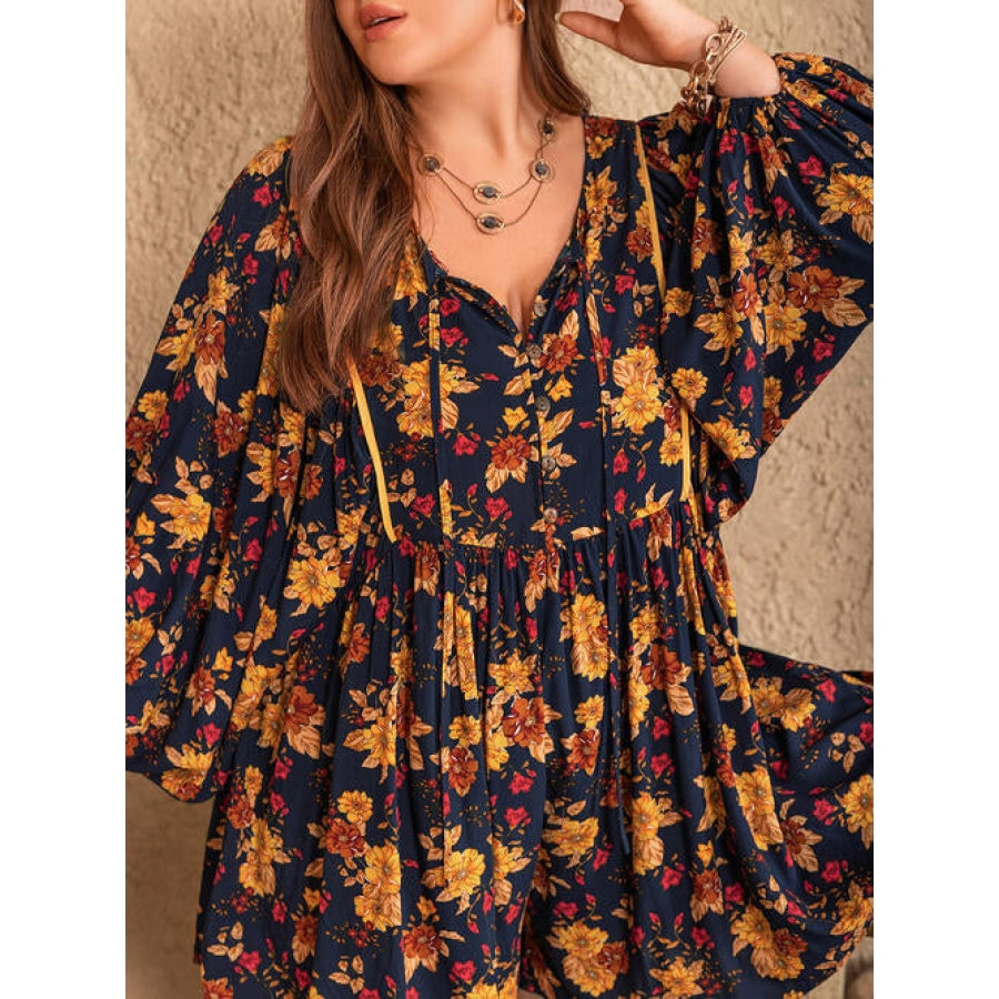 Plus Size Floral Tie Neck Balloon Sleeve Romper