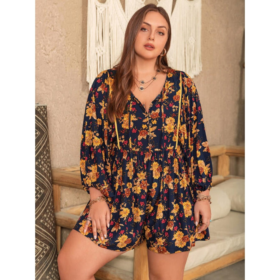 Plus Size Floral Tie Neck Balloon Sleeve Romper