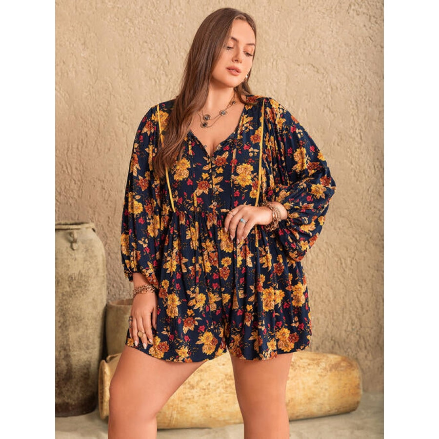 Plus Size Floral Tie Neck Balloon Sleeve Romper