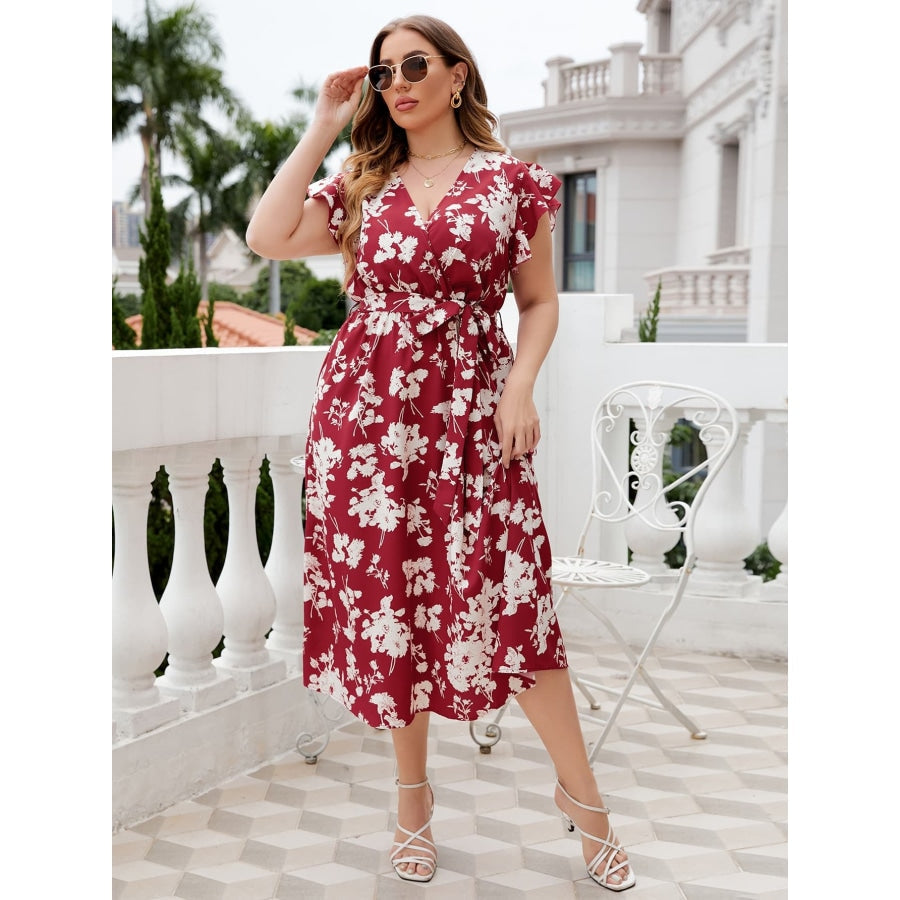 Plus Size Floral Tie Waist Surplice Neck Midi Dress