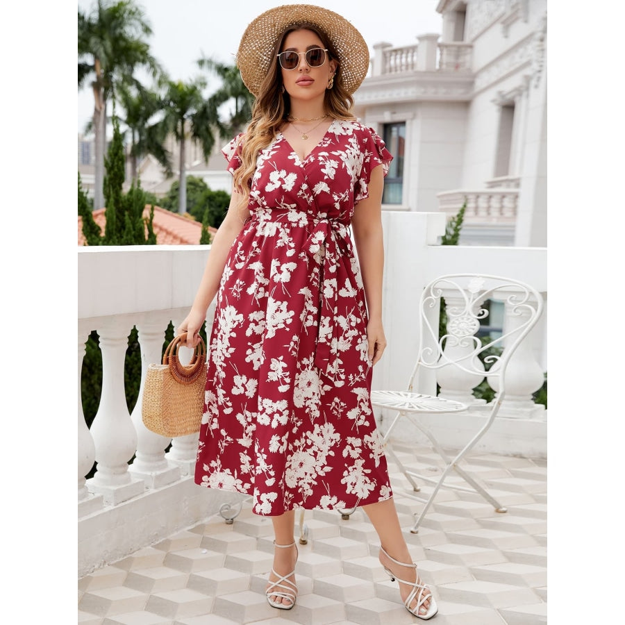 Plus Size Floral Tie Waist Surplice Neck Midi Dress