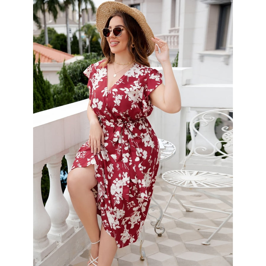 Plus Size Floral Tie Waist Surplice Neck Midi Dress