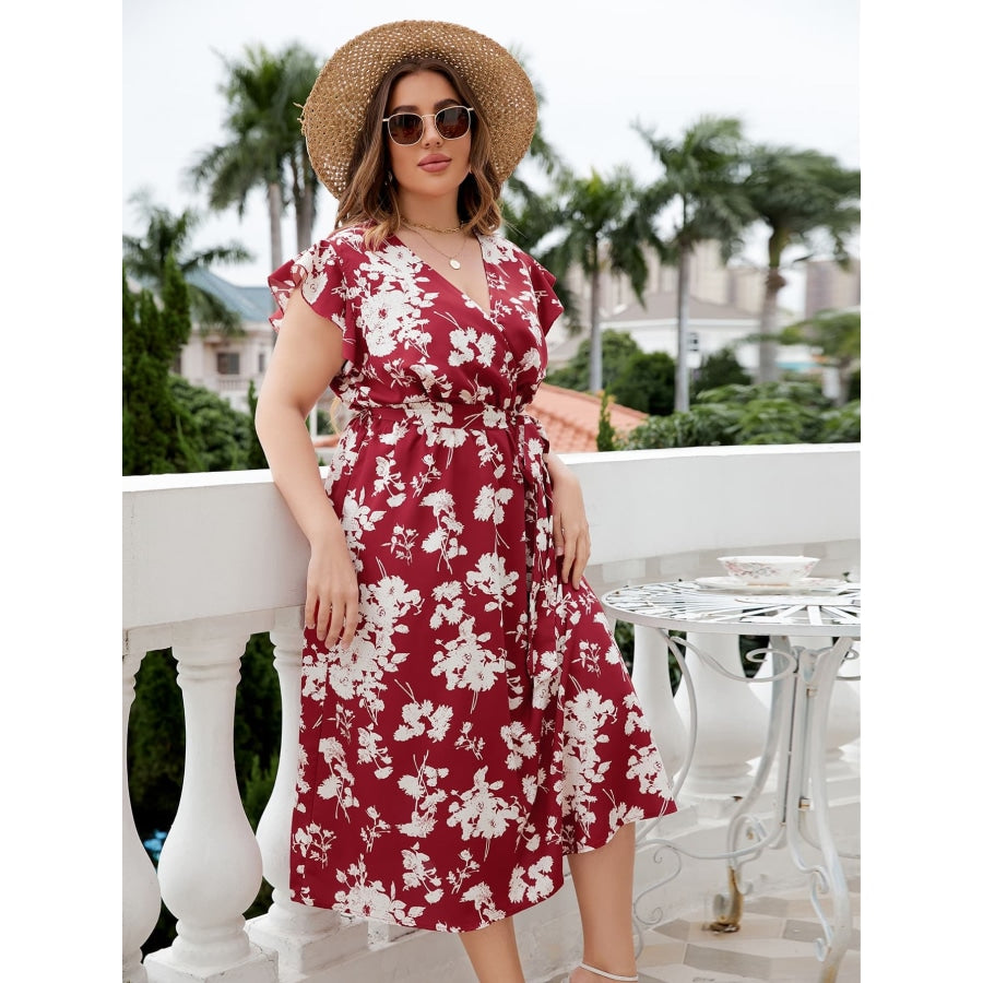 Plus Size Floral Tie Waist Surplice Neck Midi Dress