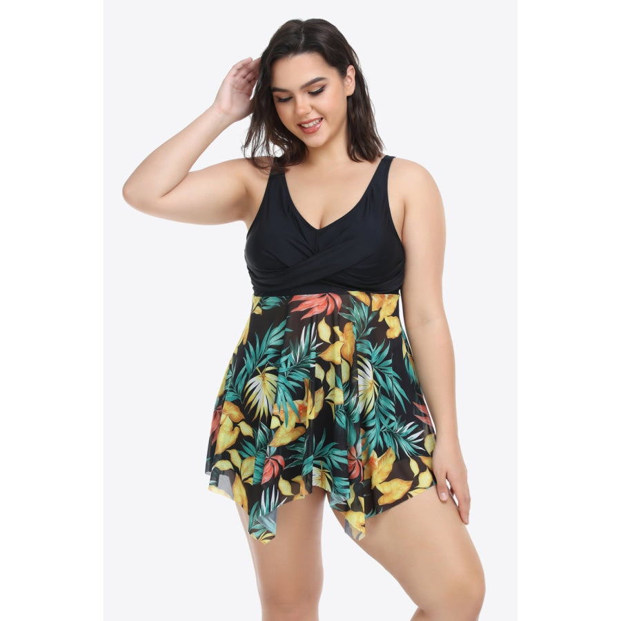 Plus Size Floral Two-Tone Asymmetrical Hem Two-Piece Swimsuit Black / 2XL