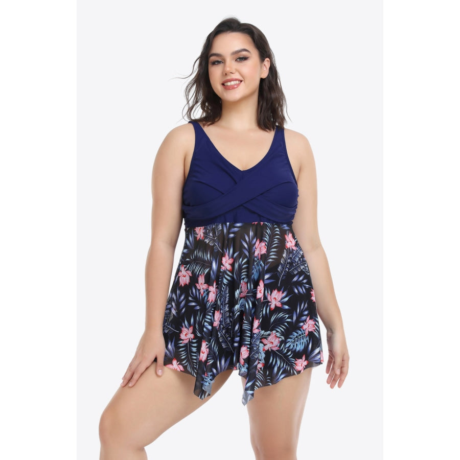 Plus Size Floral Two-Tone Asymmetrical Hem Two-Piece Swimsuit Navy / 2XL