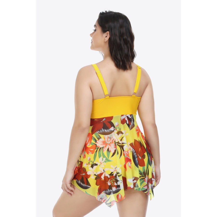 Plus Size Floral Two-Tone Asymmetrical Hem Two-Piece Swimsuit Mustard / 2XL