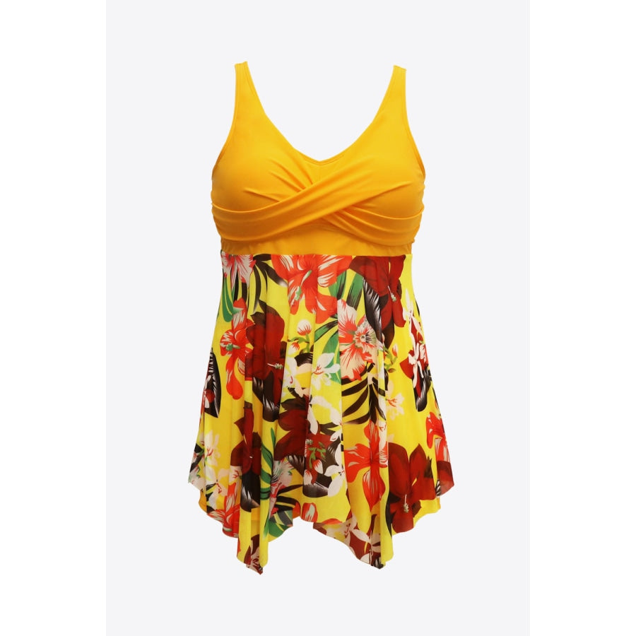 Plus Size Floral Two-Tone Asymmetrical Hem Two-Piece Swimsuit