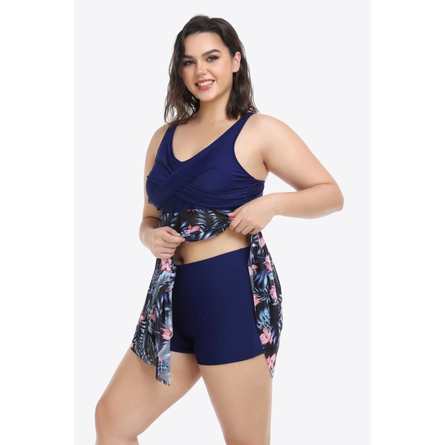 Plus Size Floral Two-Tone Asymmetrical Hem Two-Piece Swimsuit