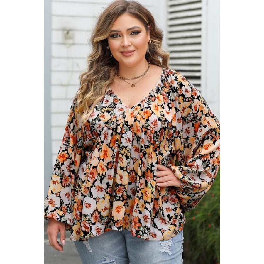 Plus Size Floral V-Neck Balloon Sleeve Blouse Floral / 1XL Clothing