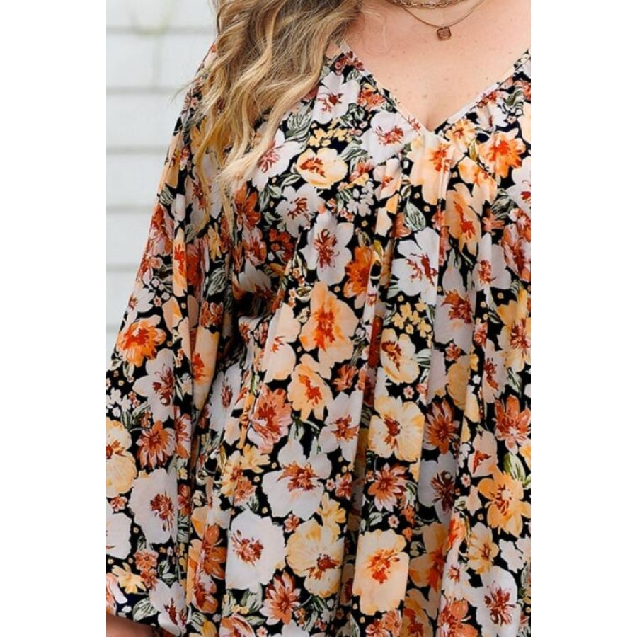 Plus Size Floral V-Neck Balloon Sleeve Blouse Clothing