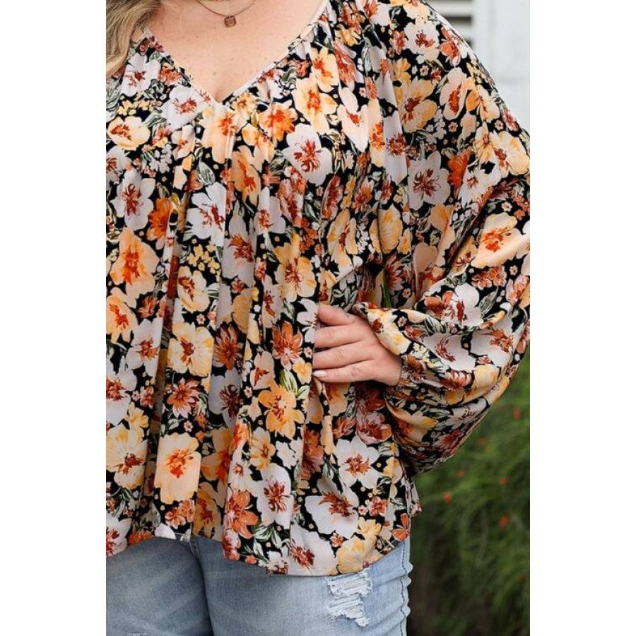 Plus Size Floral V-Neck Balloon Sleeve Blouse Clothing