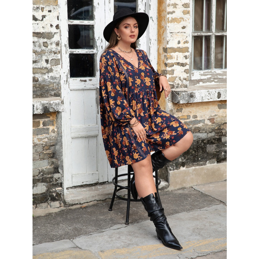 Plus Size Floral V-Neck Balloon Sleeve Dress Apparel and Accessories