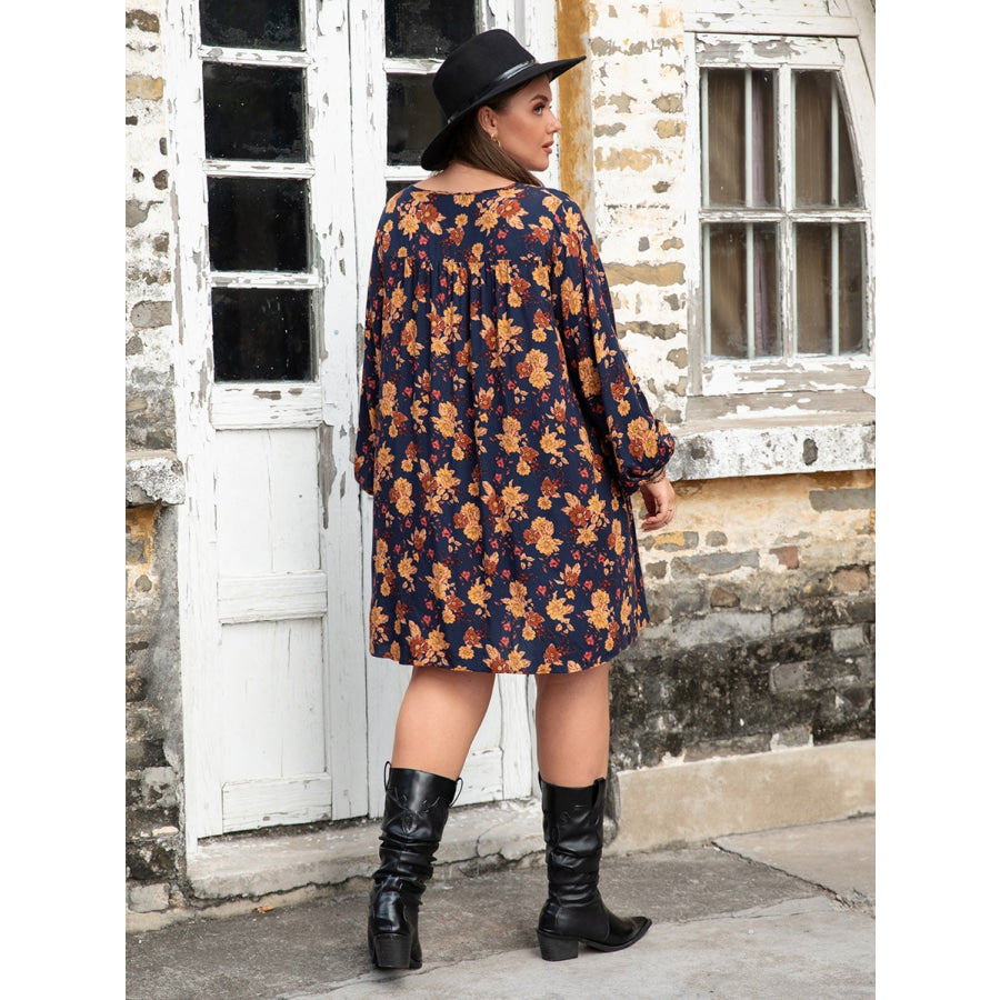 Plus Size Floral V-Neck Balloon Sleeve Dress Apparel and Accessories