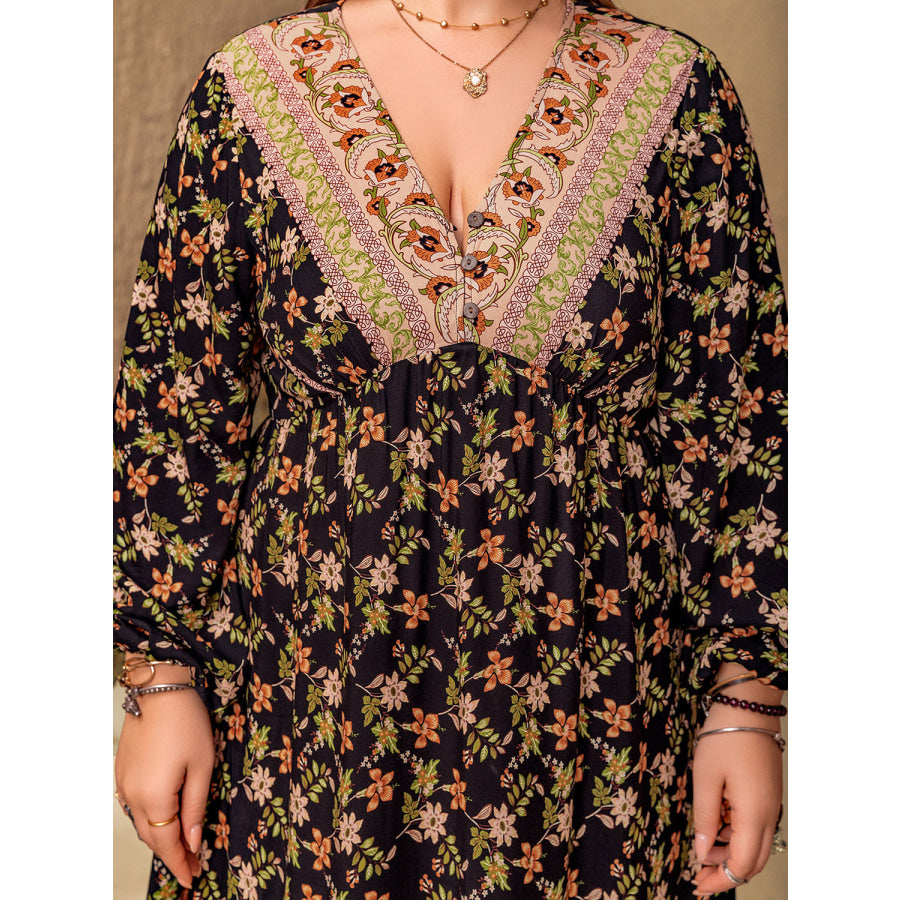 Plus Size Floral V-Neck Balloon Sleeve Dress Apparel and Accessories