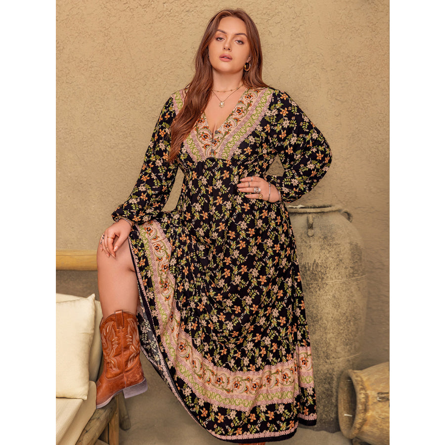 Plus Size Floral V-Neck Balloon Sleeve Dress Apparel and Accessories