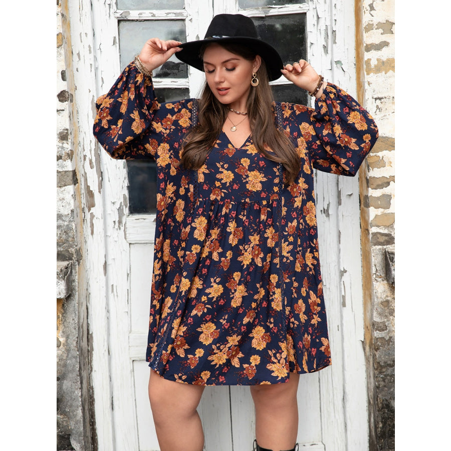 Plus Size Floral V-Neck Balloon Sleeve Dress Dark Blue / 0XL Apparel and Accessories