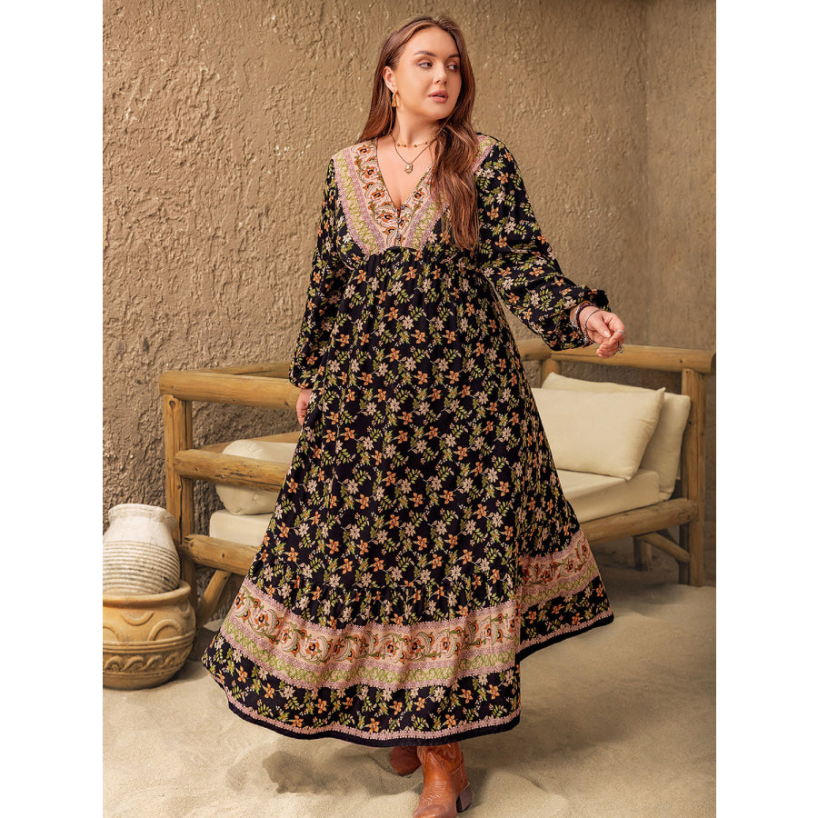 Plus Size Floral V-Neck Balloon Sleeve Dress Multicolor / 0XL Apparel and Accessories