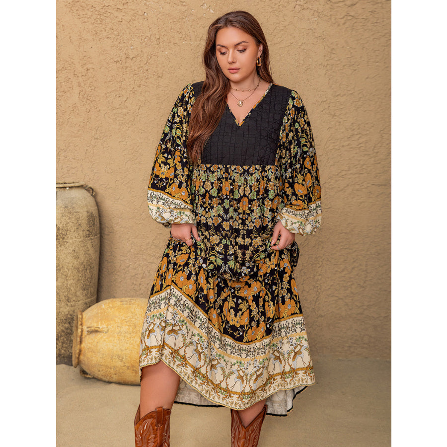 Plus Size Floral V-Neck Balloon Sleeve Midi Dress Apparel and Accessories