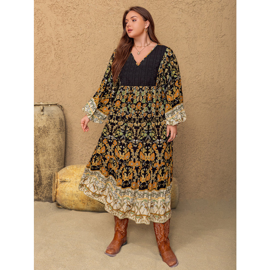 Plus Size Floral V-Neck Balloon Sleeve Midi Dress Apparel and Accessories