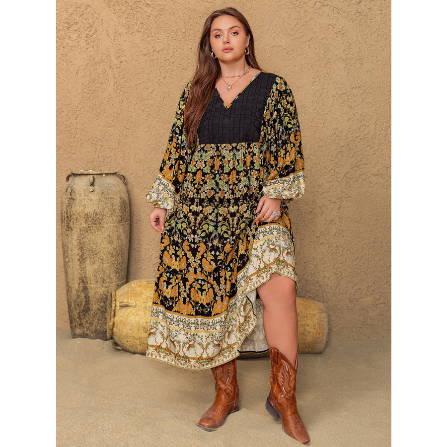 Plus Size Floral V-Neck Balloon Sleeve Midi Dress Apparel and Accessories