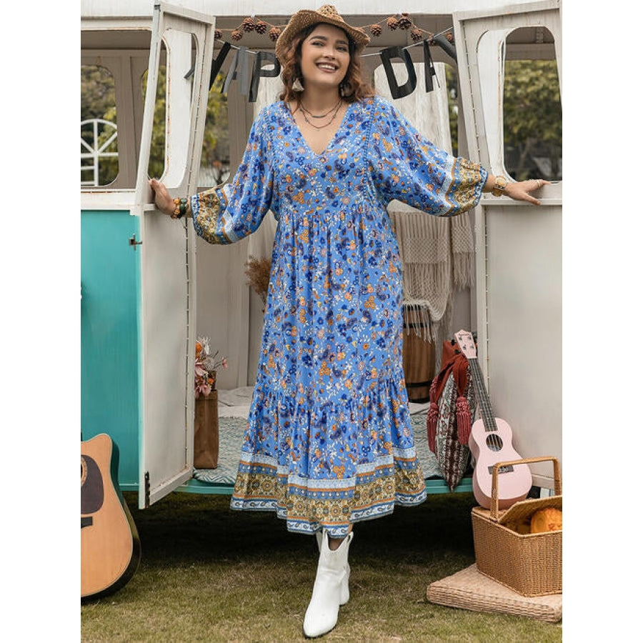 Plus Size Floral V-Neck Balloon Sleeve Midi Dress Azure / 0XL