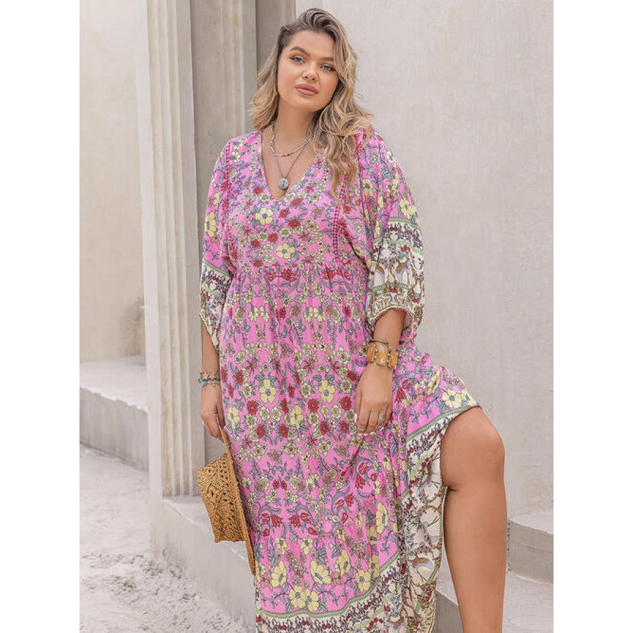 Plus Size Floral V-Neck Balloon Sleeve Midi Dress Carnation Pink / 0XL