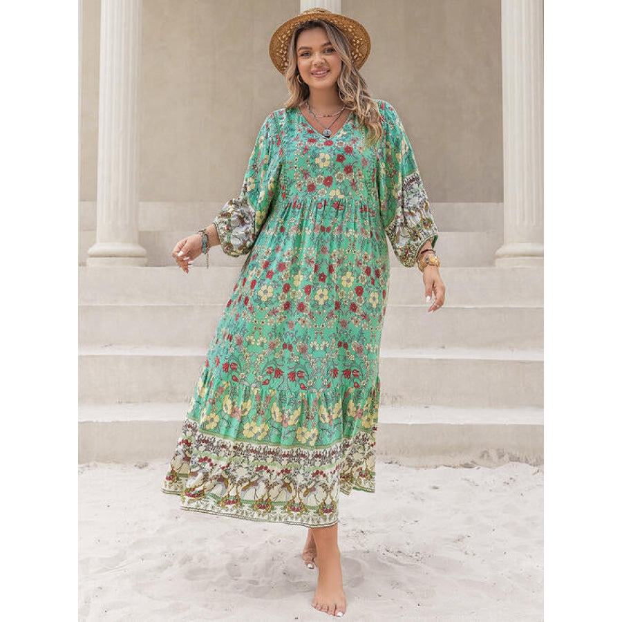 Plus Size Floral V-Neck Balloon Sleeve Midi Dress Mid Green / 0XL