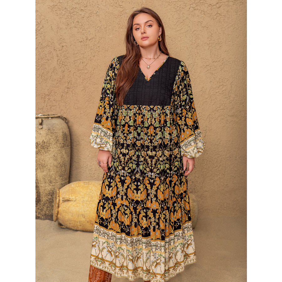 Plus Size Floral V-Neck Balloon Sleeve Midi Dress Multicolor / 0XL Apparel and Accessories