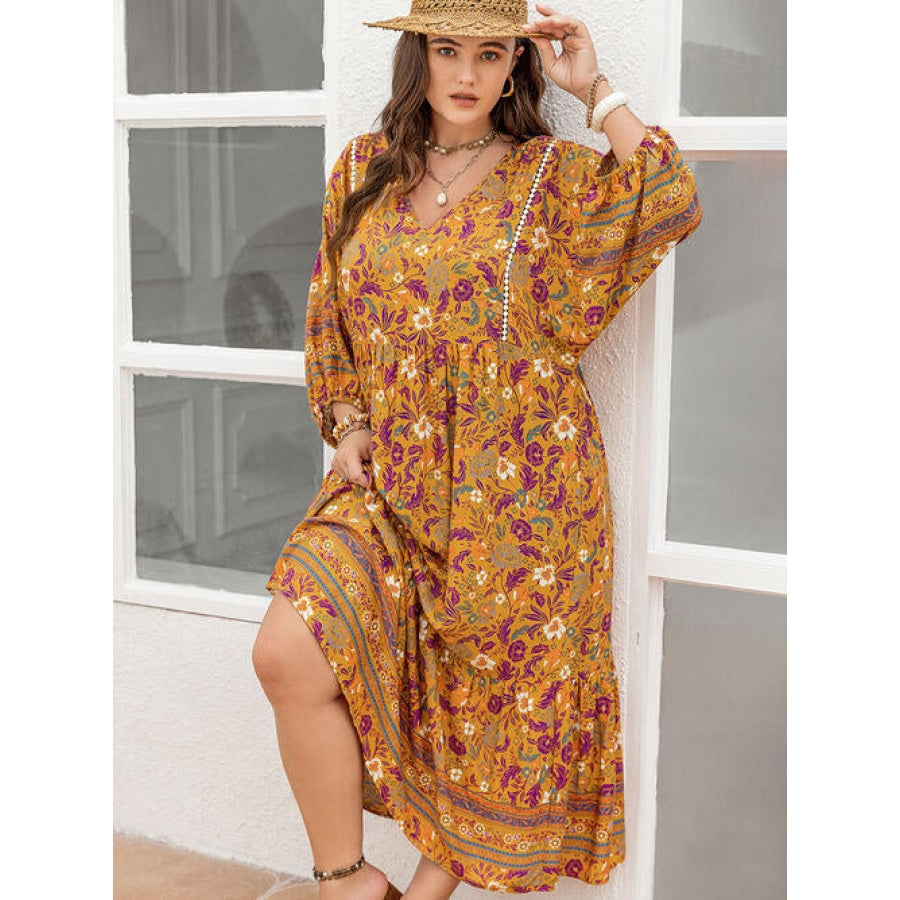 Plus Size Floral V-Neck Balloon Sleeve Midi Dress Sherbet / 0XL