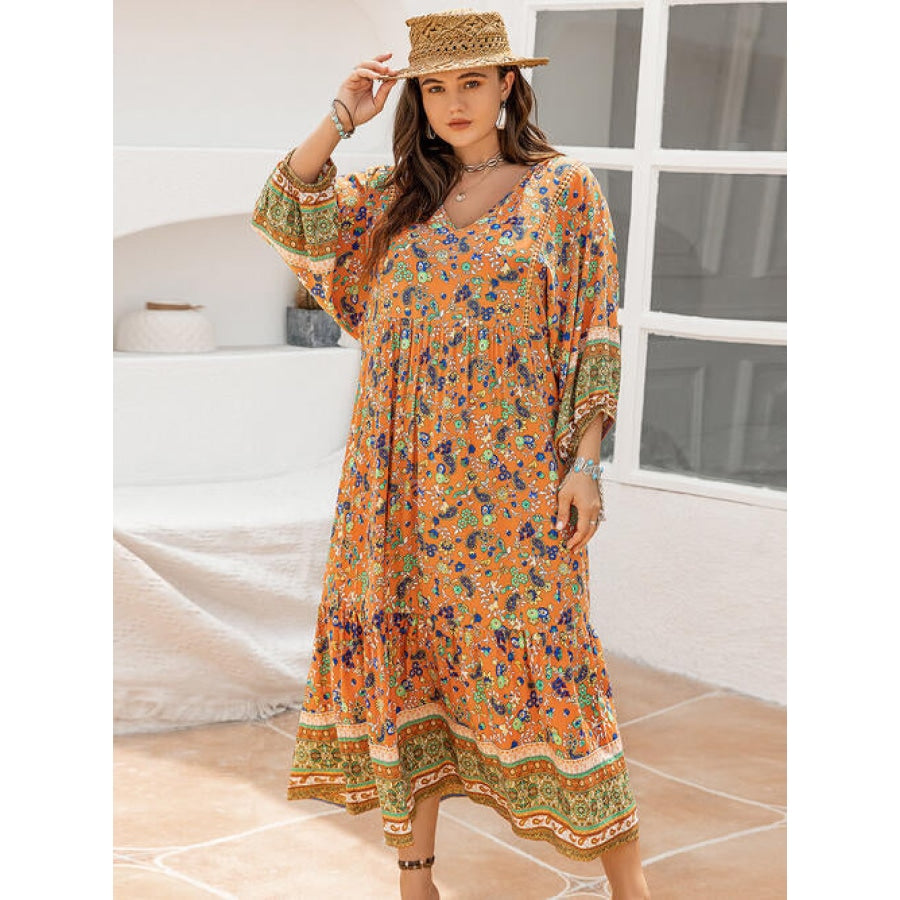 Plus Size Floral V-Neck Balloon Sleeve Midi Dress Terracotta / 0XL