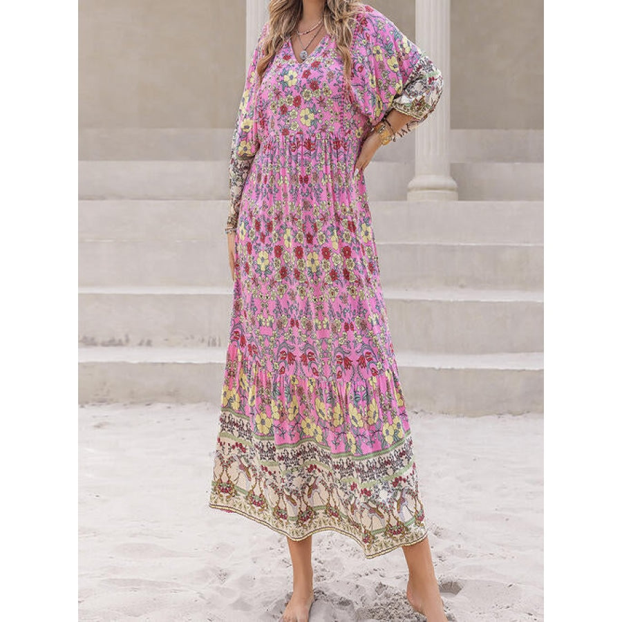 Plus Size Floral V-Neck Balloon Sleeve Midi Dress