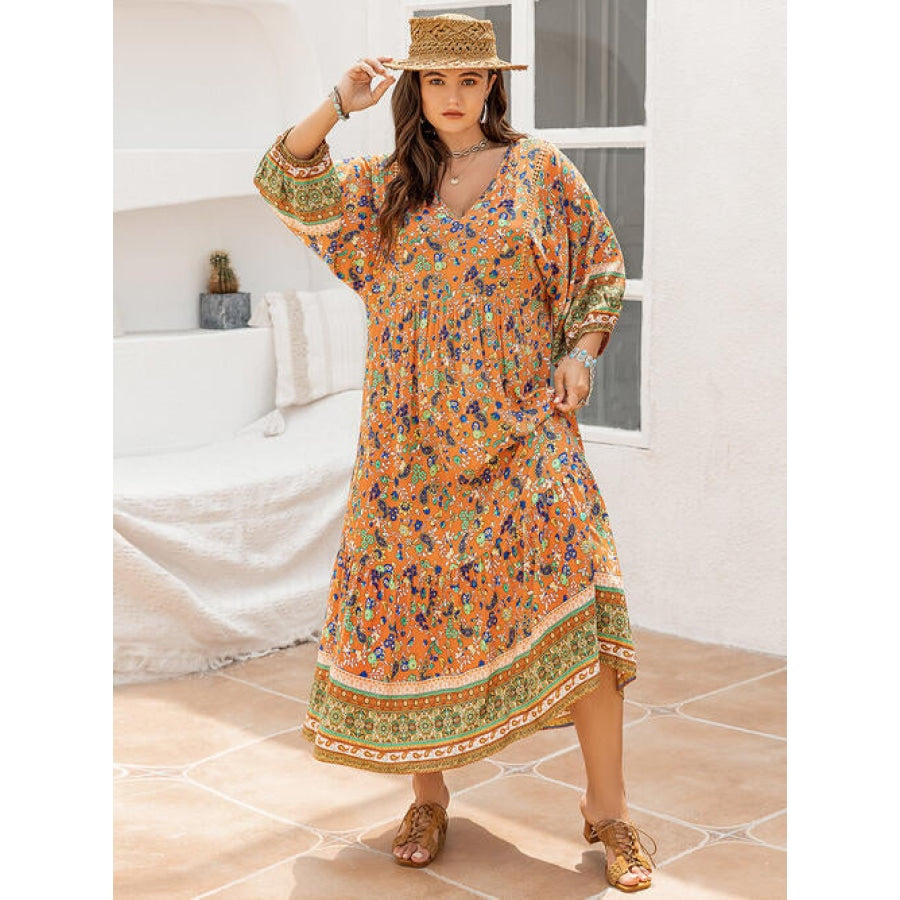 Plus Size Floral V-Neck Balloon Sleeve Midi Dress