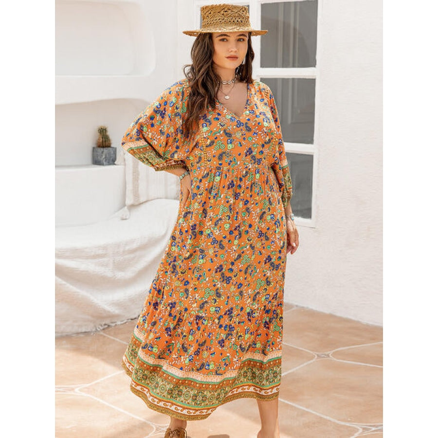 Plus Size Floral V-Neck Balloon Sleeve Midi Dress