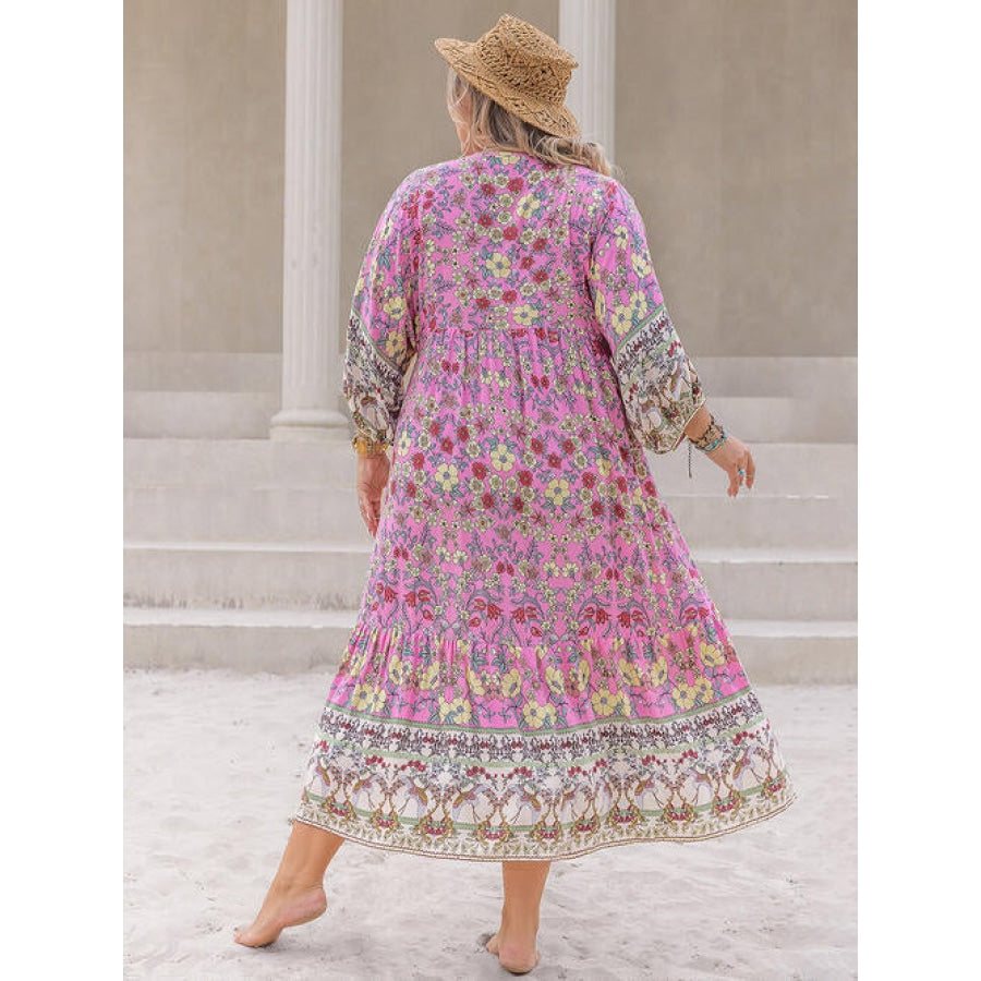 Plus Size Floral V-Neck Balloon Sleeve Midi Dress