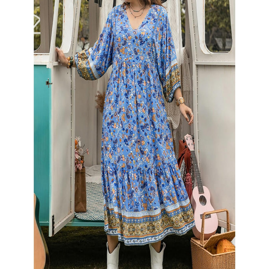 Plus Size Floral V-Neck Balloon Sleeve Midi Dress